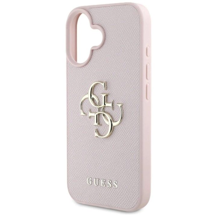 Guess grūdinto dizaino rožinis dėklas iPhone 16 – su logotipu