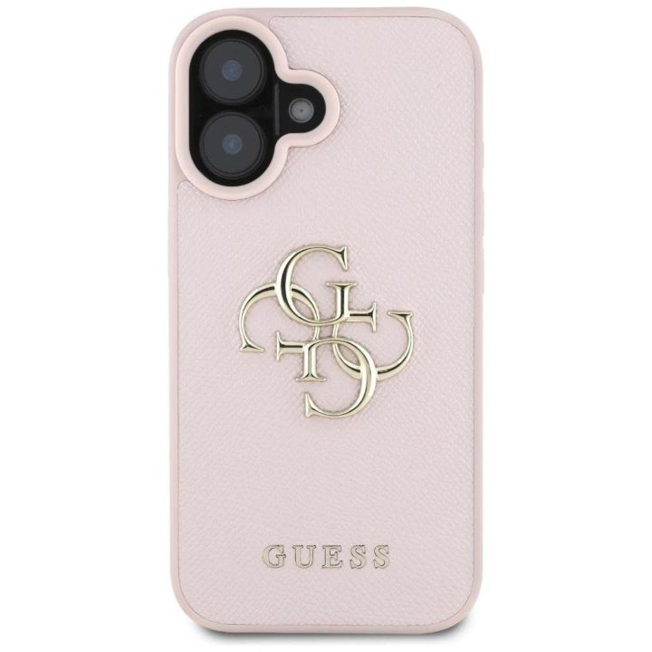 Guess grūdinto dizaino rožinis dėklas iPhone 16 – su logotipu
