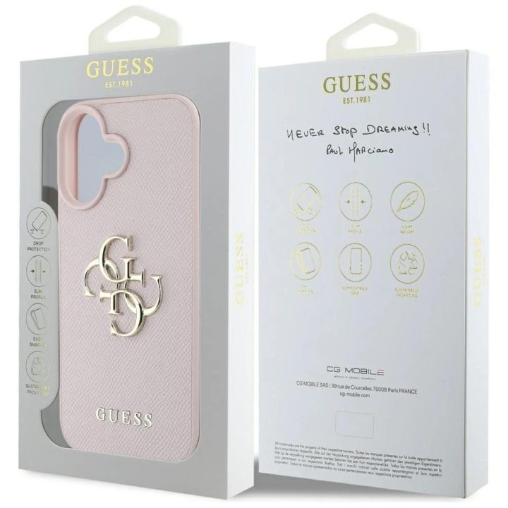 Guess grūdinto dizaino rožinis dėklas iPhone 16 – su logotipu