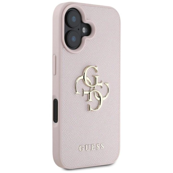 Guess grūdinto dizaino rožinis dėklas iPhone 16 – su logotipu