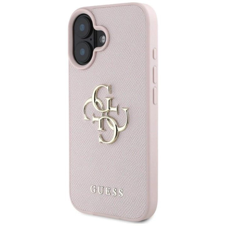 Guess grūdinto dizaino rožinis dėklas iPhone 16 – su logotipu