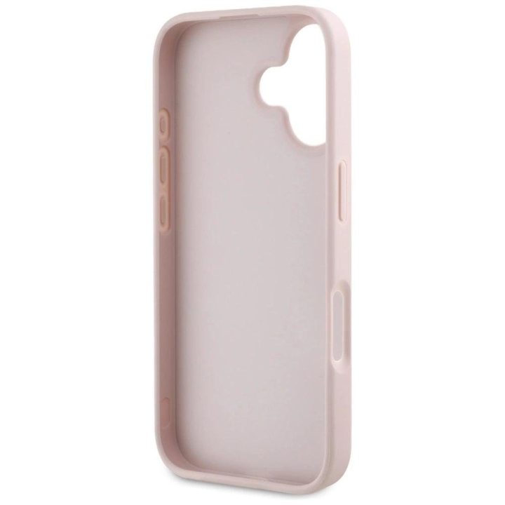 Guess grūdinto dizaino rožinis dėklas iPhone 16 – su logotipu