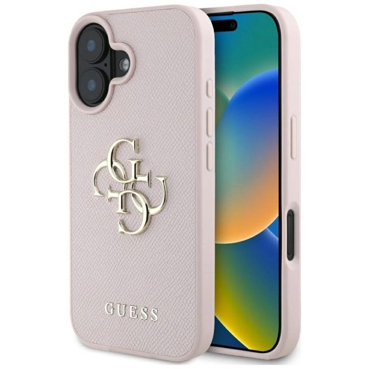 Guess grūdinto dizaino rožinis dėklas iPhone 16 – su logotipu