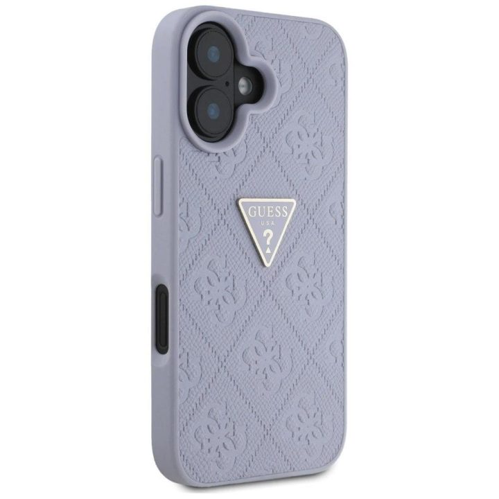 Guess prabangus violetinis iPhone 16 dėklas su metaliniu logotipu ir 4G raštu