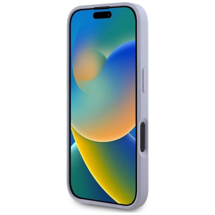 Guess prabangus violetinis iPhone 16 dėklas su metaliniu logotipu ir 4G raštu