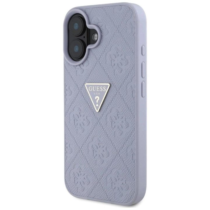Guess prabangus violetinis iPhone 16 dėklas su metaliniu logotipu ir 4G raštu