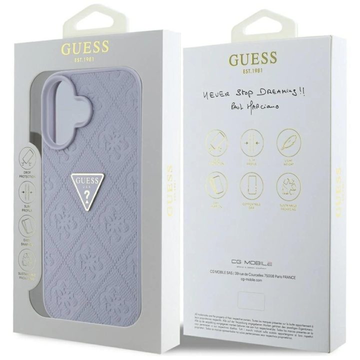 Guess prabangus violetinis iPhone 16 dėklas su metaliniu logotipu ir 4G raštu