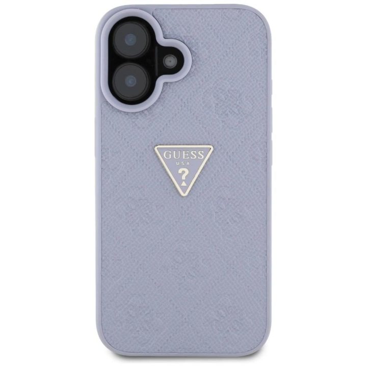 Guess prabangus violetinis iPhone 16 dėklas su metaliniu logotipu ir 4G raštu