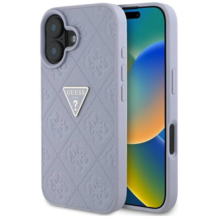 Guess prabangus violetinis iPhone 16 dėklas su metaliniu logotipu ir 4G raštu