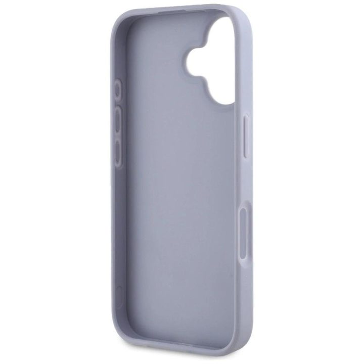 Guess prabangus violetinis iPhone 16 dėklas su metaliniu logotipu ir 4G raštu