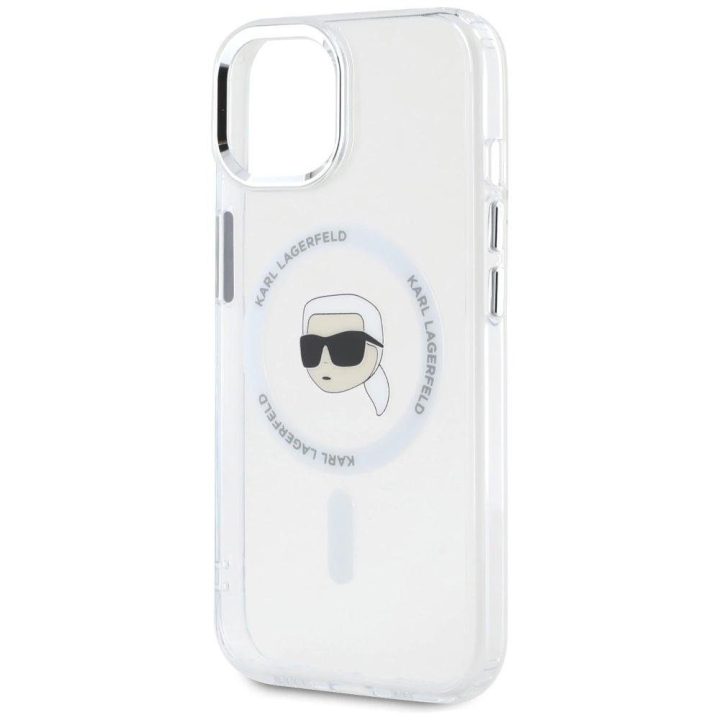 Karl Lagerfeld magnetinis dėklas Metal Karl Head“ iPhone 15, baltas