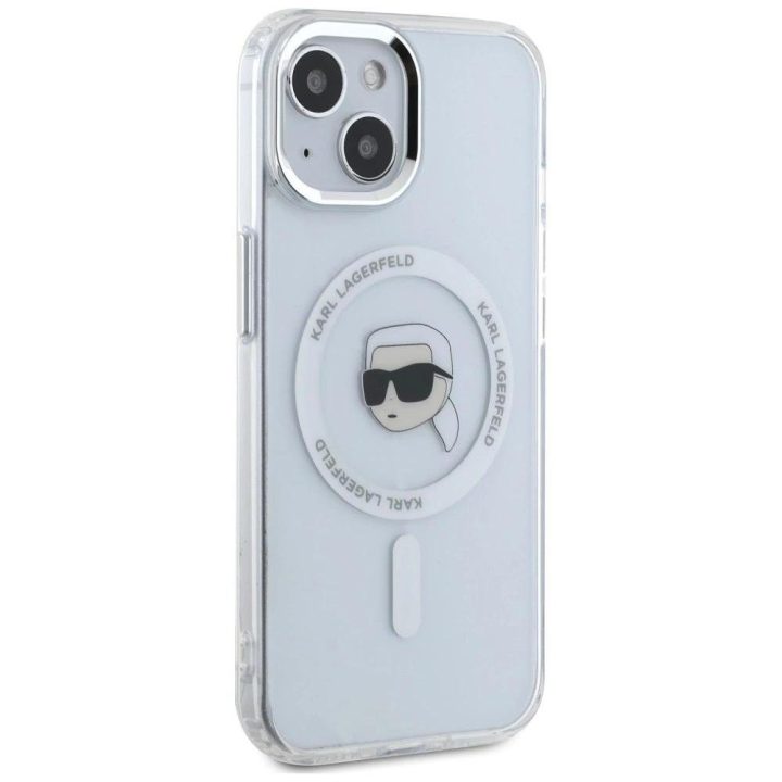 Karl Lagerfeld magnetinis dėklas Metal Karl Head“ iPhone 15, baltas