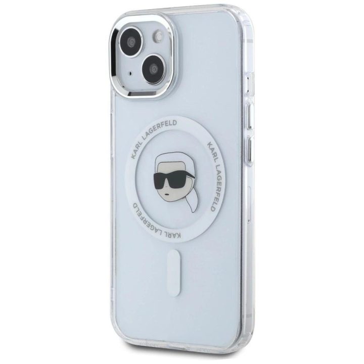 Karl Lagerfeld magnetinis dėklas iPhone 15 Plus (baltas)