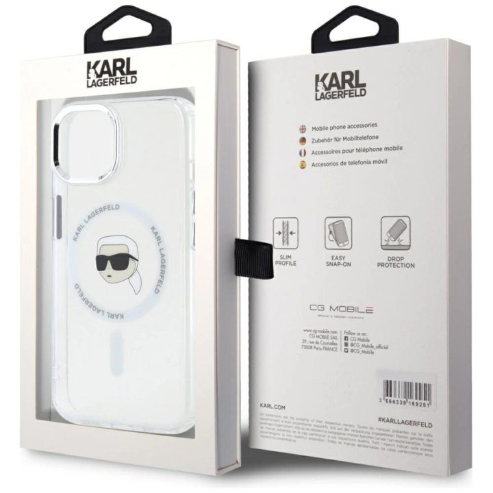 Karl Lagerfeld magnetinis dėklas iPhone 15 Plus (baltas)