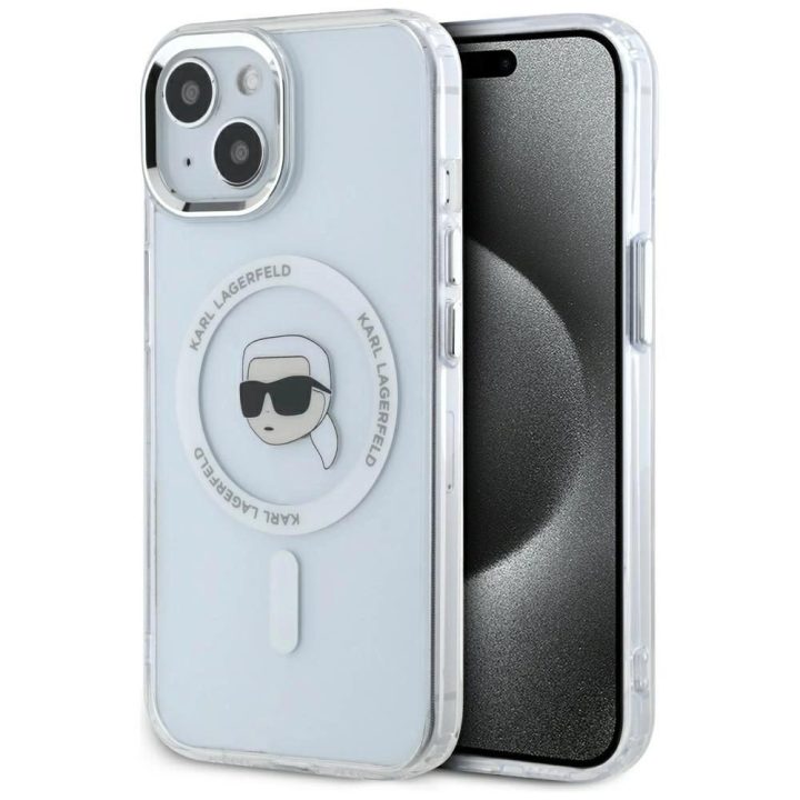 Karl Lagerfeld magnetinis dėklas iPhone 15 Plus (baltas)