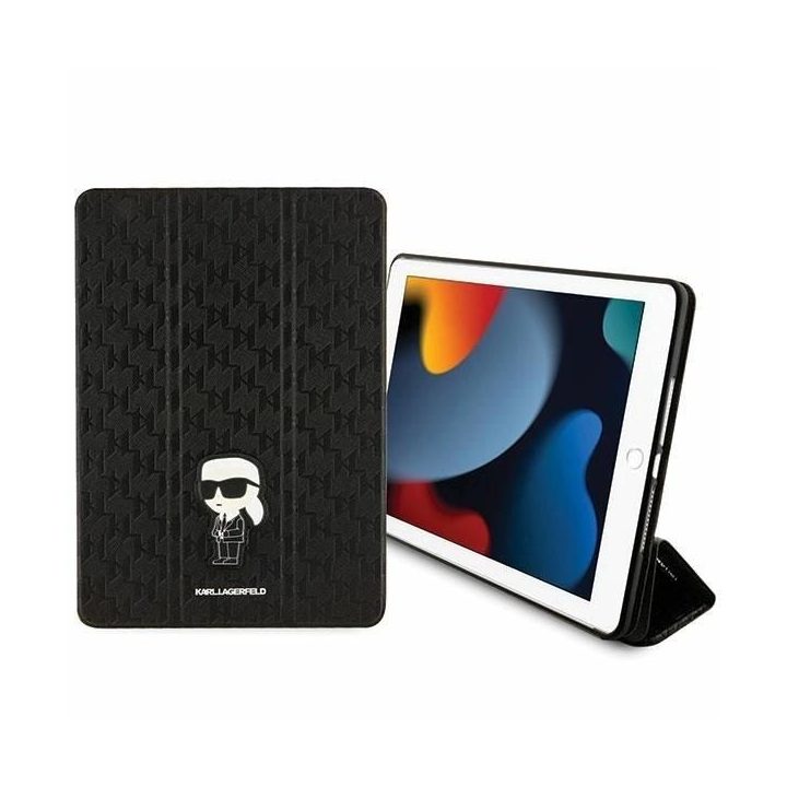 Karl Lagerfeld Saffiano monograminis dėklas iPad 10.2 (2019, 7 gen.) – juodas, magnetinis folio viršelis