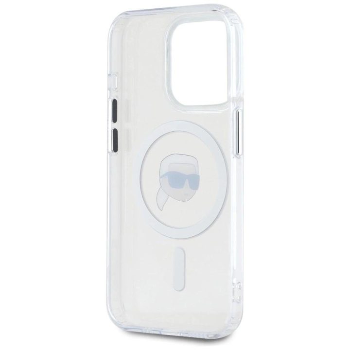 Karl Lagerfeld baltas MagSafe dėklas iPhone 15 Pro su metaline galva