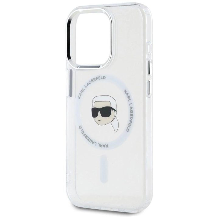 Karl Lagerfeld baltas MagSafe dėklas iPhone 15 Pro su metaline galva