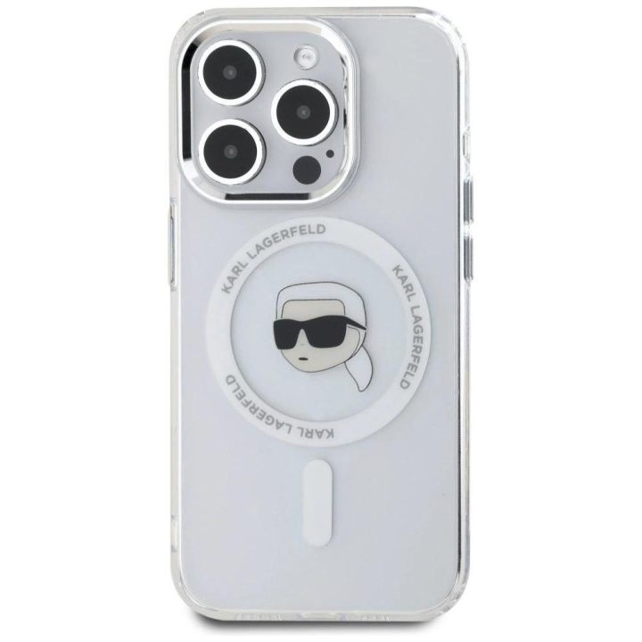 Karl Lagerfeld baltas magnetinis dėklas iPhone 15 Pro Max