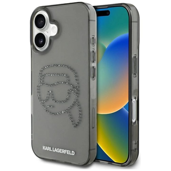 Karl Lagerfeld blizgus dėklas su kristalais iPhone 16 juodas