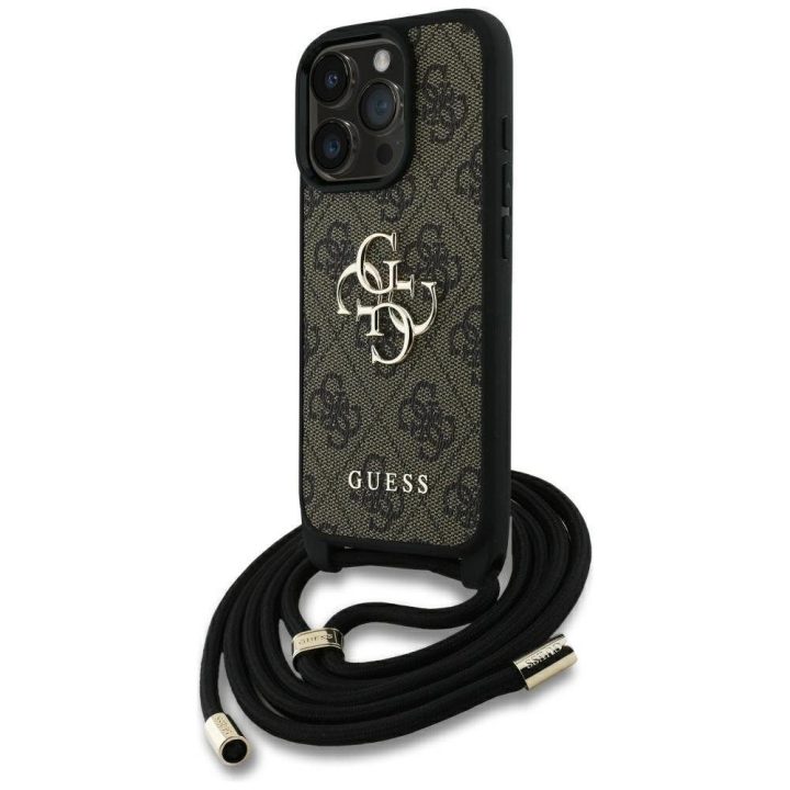 4G logotipu dekoruotas rudas Guess“ virvelinis dėklas iPhone 16 Pro Max