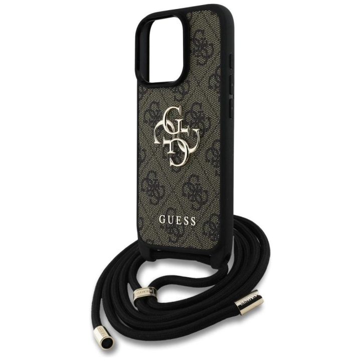 4G logotipu dekoruotas rudas Guess“ virvelinis dėklas iPhone 16 Pro Max