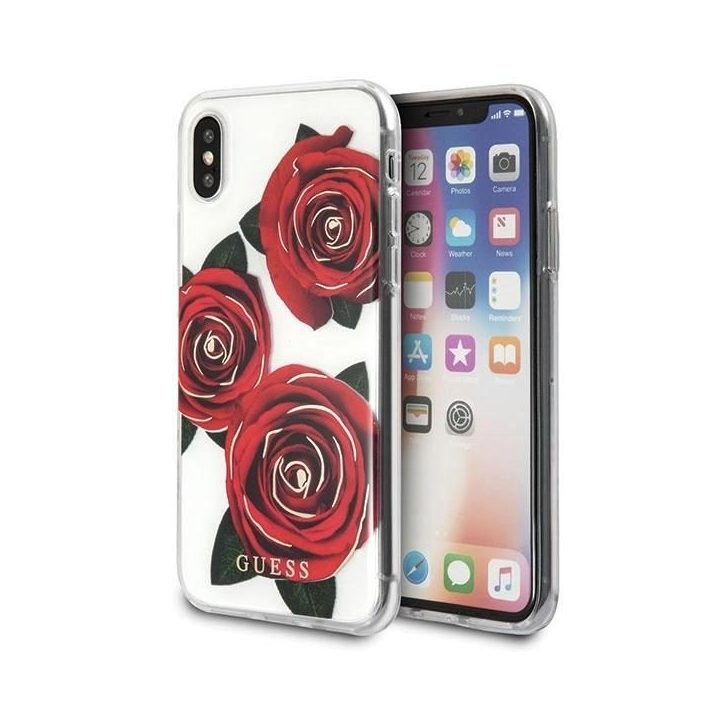 Guess raudona rožė permatomas iPhone X dėklas