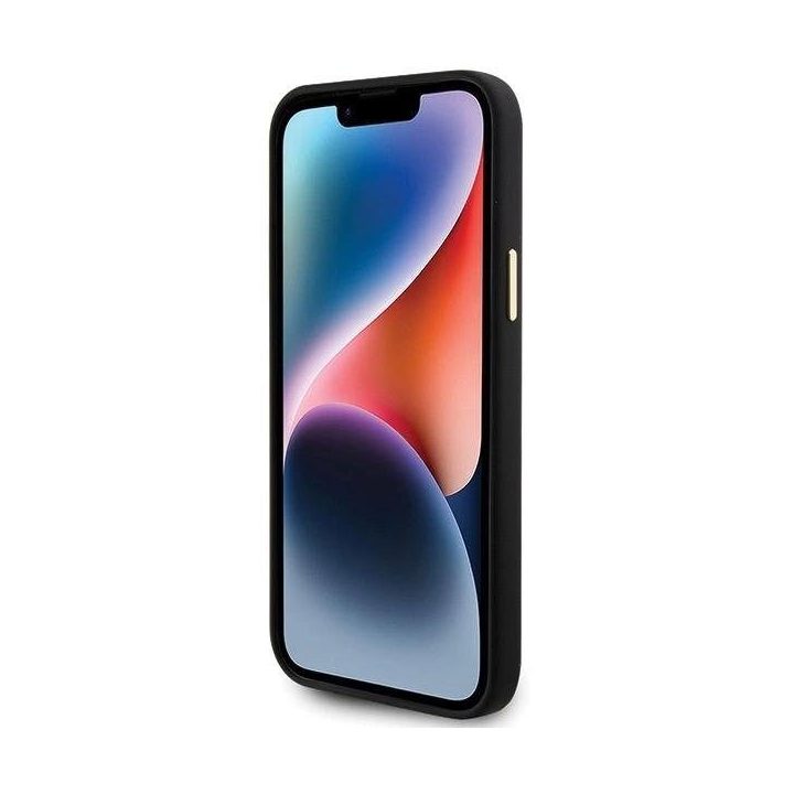 Guess silikoninis dėklas su logotipu ir kristalais iPhone 15 Plus / 14 Plus (juodas)