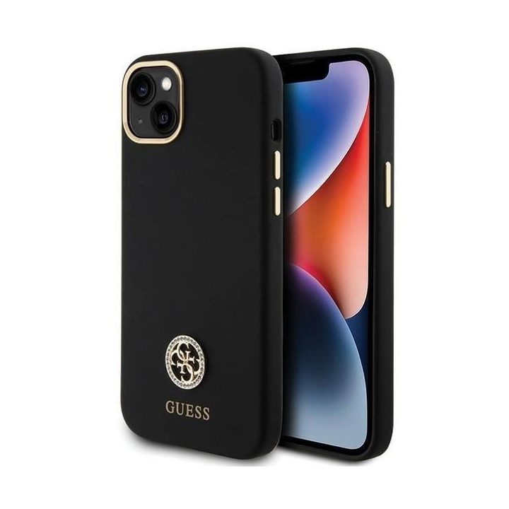Guess silikoninis dėklas su logotipu ir kristalais iPhone 15 Plus / 14 Plus (juodas)