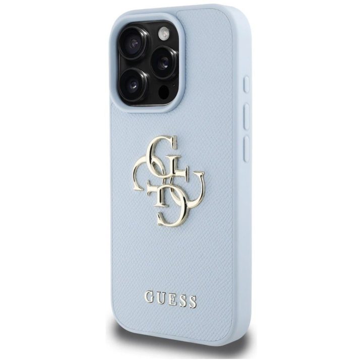 Guess grūdinto dizaino mėlynas dėklas iPhone 16 Pro – klasikinis logotipas