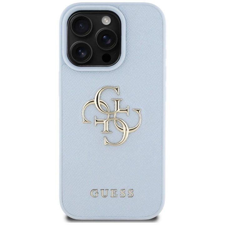 Guess grūdinto dizaino mėlynas dėklas iPhone 16 Pro – klasikinis logotipas