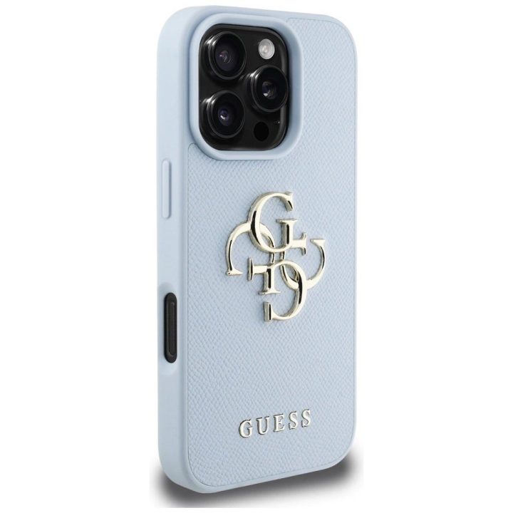 Guess grūdinto dizaino mėlynas dėklas iPhone 16 Pro – klasikinis logotipas