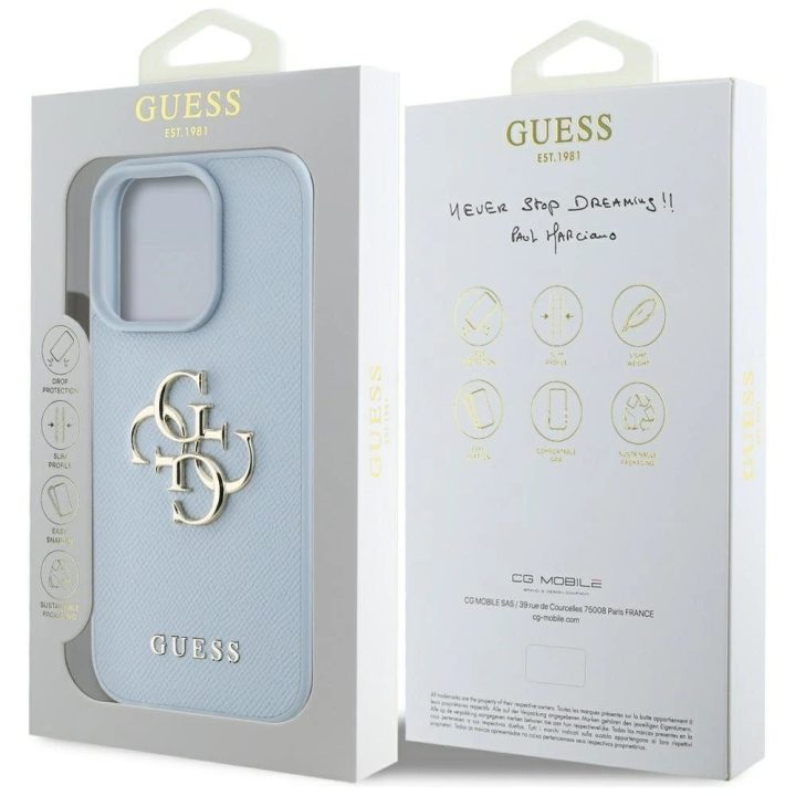 Guess grūdinto dizaino mėlynas dėklas iPhone 16 Pro – klasikinis logotipas