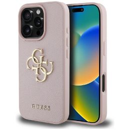 Guess rožinis grūdėtas iPhone 16 Pro dėklas su logotipu