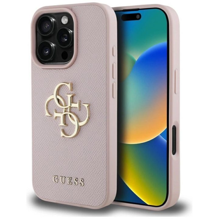 Guess rožinis grūdėtas iPhone 16 Pro dėklas su logotipu