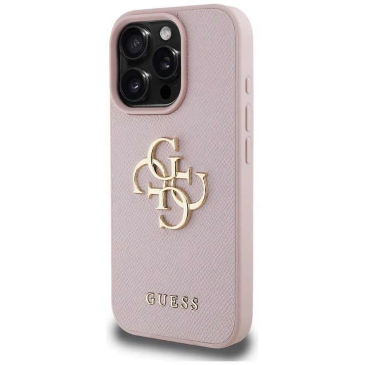 Guess rožinis grūdėtas iPhone 16 Pro dėklas su logotipu