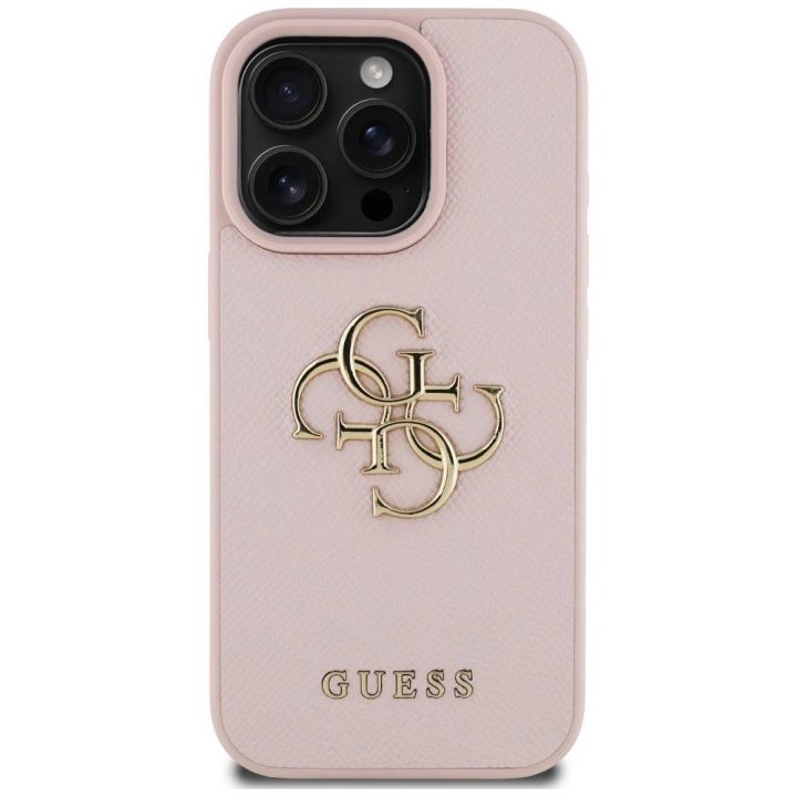 Guess rožinis grūdėtas iPhone 16 Pro dėklas su logotipu