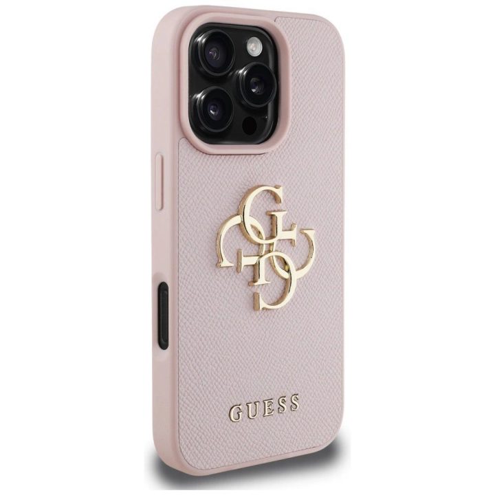 Guess rožinis grūdėtas iPhone 16 Pro dėklas su logotipu