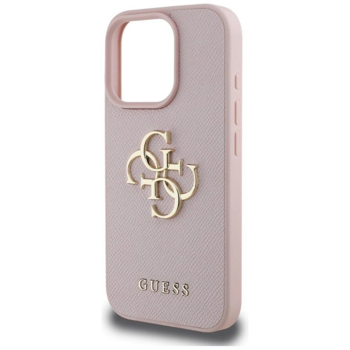 Guess rožinis grūdėtas iPhone 16 Pro dėklas su logotipu