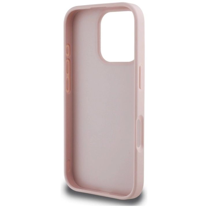 Guess rožinis grūdėtas iPhone 16 Pro dėklas su logotipu