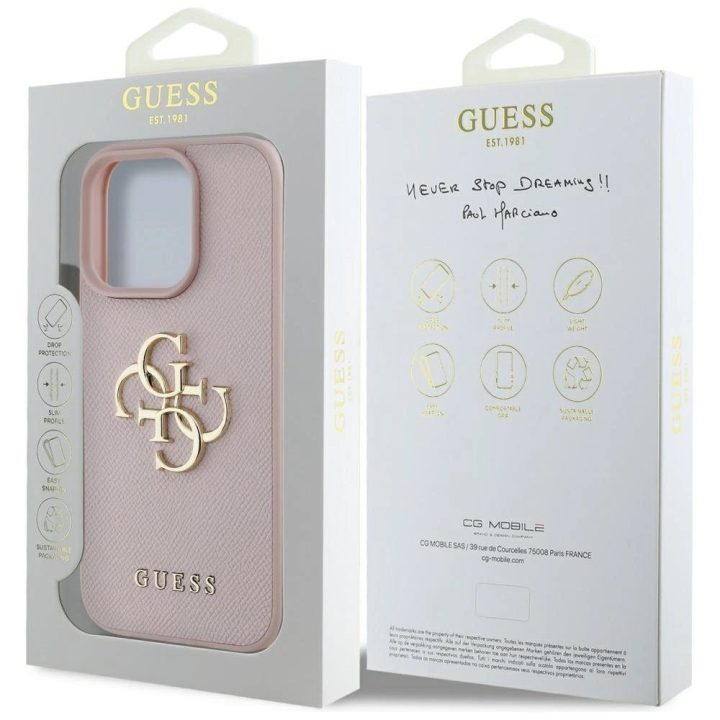 Guess rožinis grūdėtas iPhone 16 Pro dėklas su logotipu