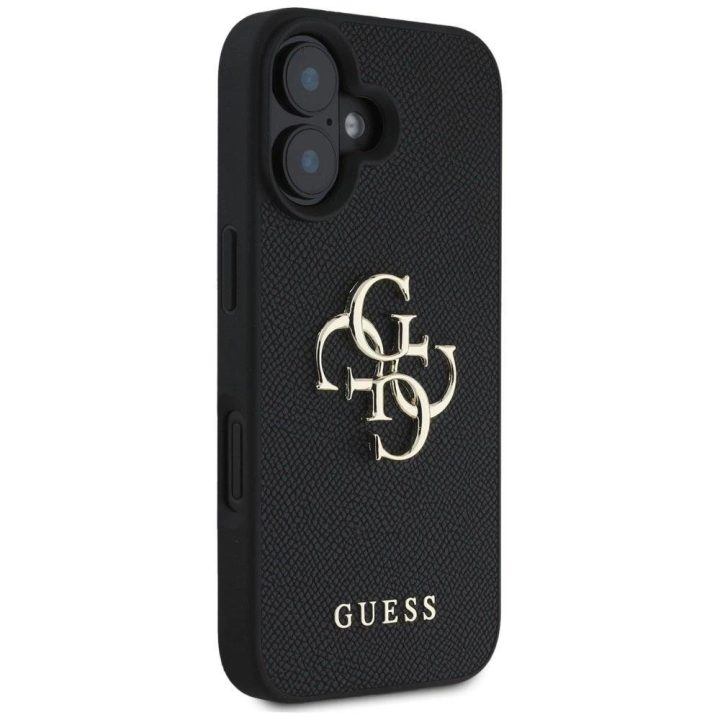 Guess grūdinto dizaino juodas dėklas iPhone 16 – su logotipu
