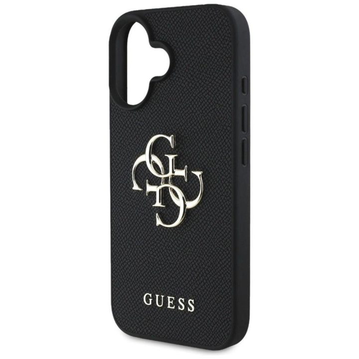 Guess grūdinto dizaino juodas dėklas iPhone 16 – su logotipu
