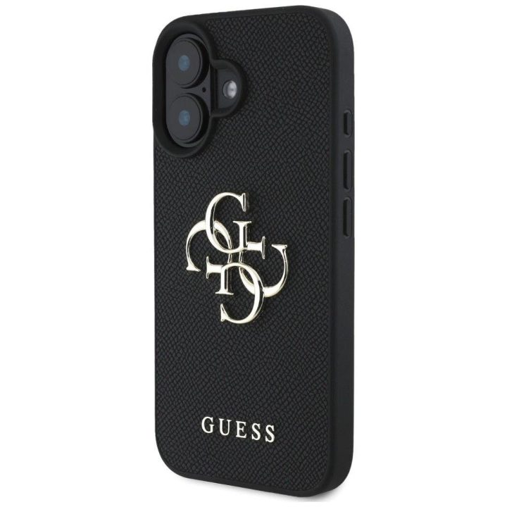 Guess grūdinto dizaino juodas dėklas iPhone 16 – su logotipu