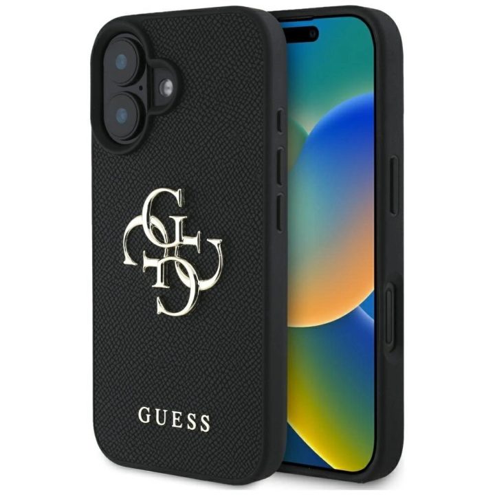 Guess grūdinto dizaino juodas dėklas iPhone 16 – su logotipu