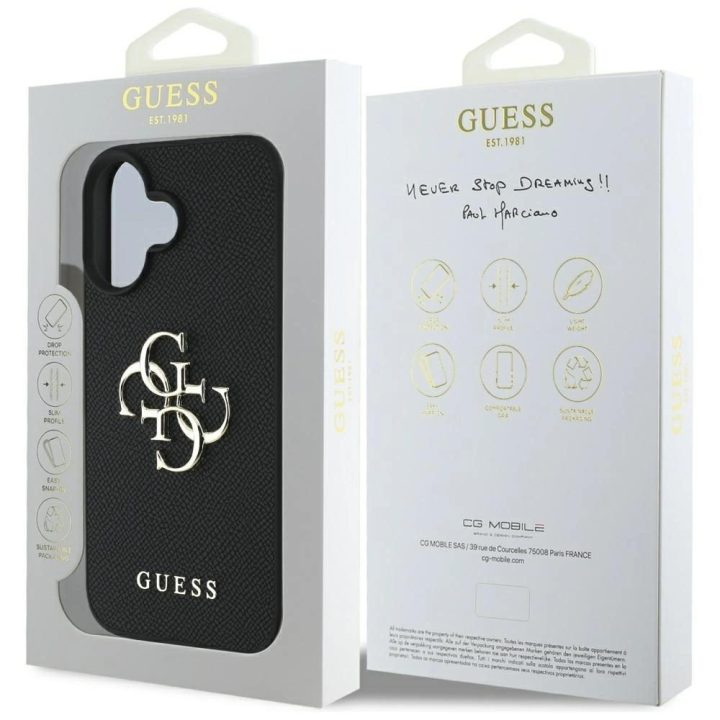 Guess grūdinto dizaino juodas dėklas iPhone 16 – su logotipu
