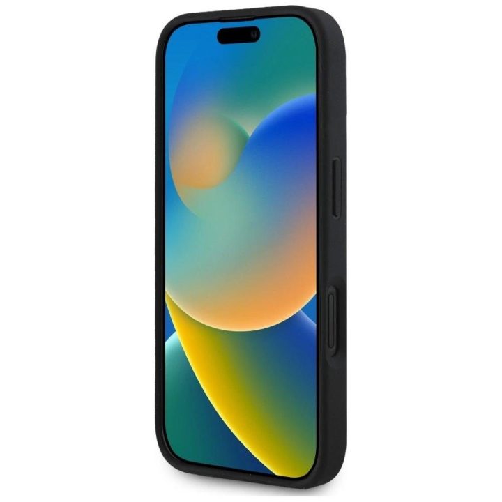Guess grūdinto dizaino juodas dėklas iPhone 16 – su logotipu