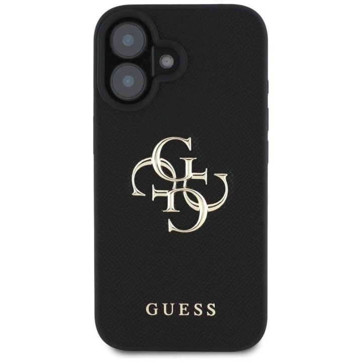 Guess grūdinto dizaino juodas dėklas iPhone 16 – su logotipu