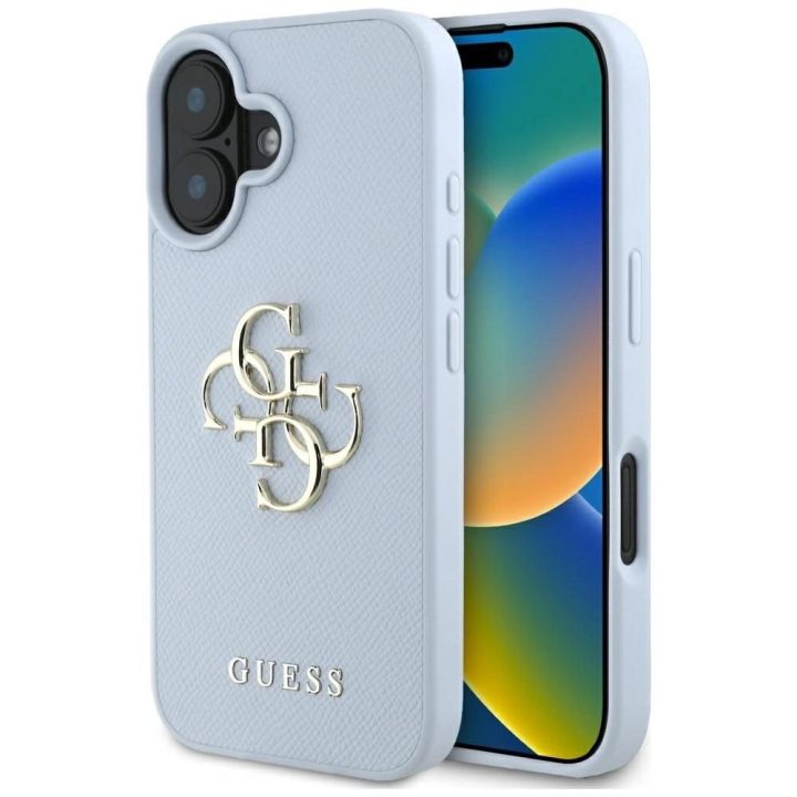 Guess grūdinto dizaino mėlynas dėklas su logotipu iPhone 16