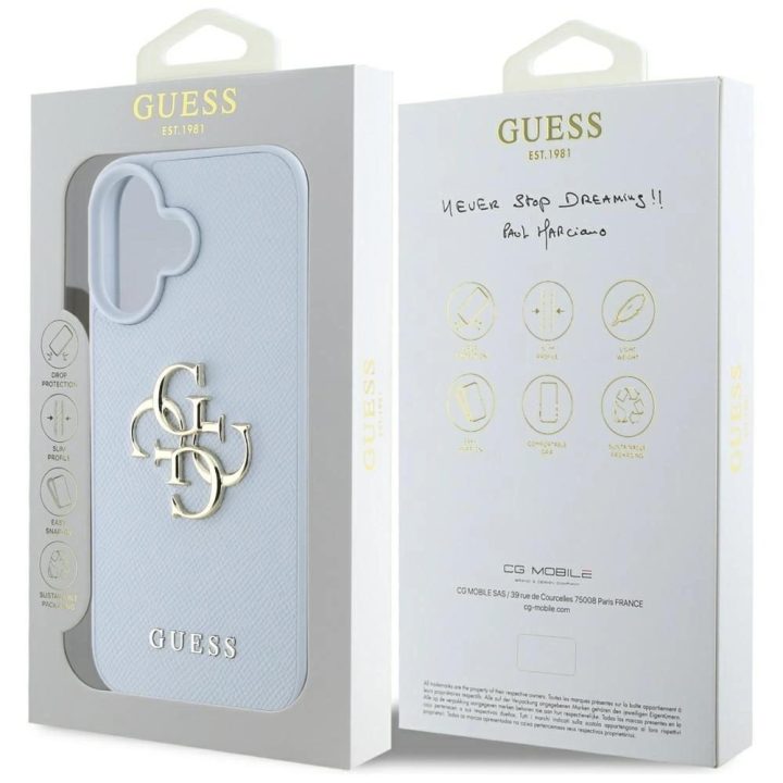 Guess grūdinto dizaino mėlynas dėklas su logotipu iPhone 16